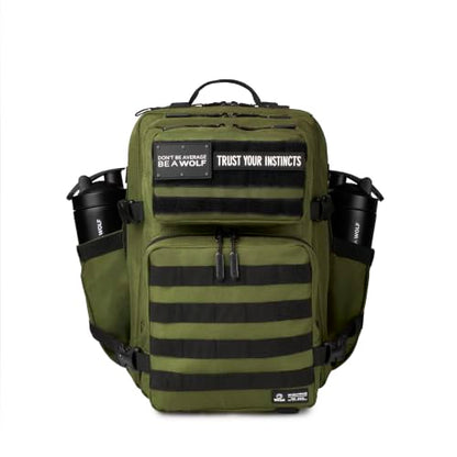 WOLFpak 35L Athletic Gym Backpack - Durable 1000D Waterproof Oxford Material with MOLLE Webbing, Laptop Pocket - color: Athletic Green (Black Molle)