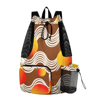 Drawstring Climbing Gym Bag With Pockets Drawstring Bags with Wet Dry Compartments Abstract Art Wave Lines Round Brown