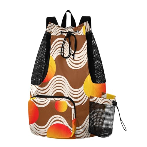Drawstring Climbing Gym Bag With Pockets Drawstring Bags with Wet Dry Compartments Abstract Art Wave Lines Round Brown