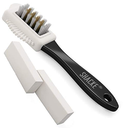 Suede Brush and Eraser Kit – 4-Way Nubuck Cleaner with 2 Erasers | Suede shoe brush & suede cleaner — rubber bristles, welts, nylon/brass lift dirt from shoes, boots, bags & purses - size: 5 - Brush w/ 2 Erasers