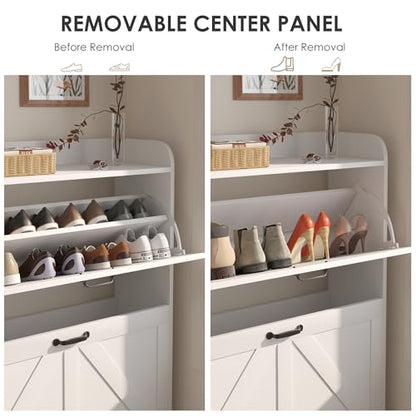 Shoe Cabinet with 4 Flip Drawers, Slim Narrow Shoe Storage Cabinet with Adjustable&Removable Shelves, Freestanding Wood Hidden Shoe Organizer for Entryway, Hallway (White)