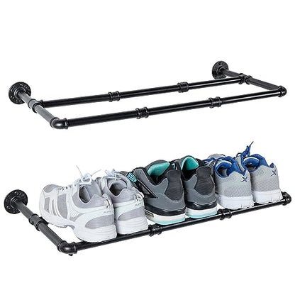 MyGift Set of 2 Industrial Matte Black Metal Pipe Hanging Shoe and Boot Rack Shelves, Wall Mounted Space Saving Footwear Storage for Closet, Mudroom, Entryway, Holds 6 Pairs - size: 27 Inch
