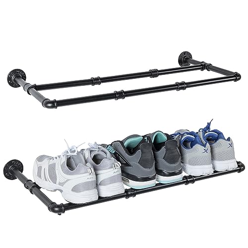 MyGift Set of 2 Industrial Matte Black Metal Pipe Hanging Shoe and Boot Rack Shelves, Wall Mounted Space Saving Footwear Storage for Closet, Mudroom, Entryway, Holds 6 Pairs - size: 27 Inch