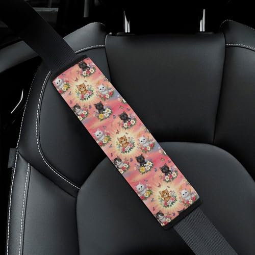 2 Pack Pink Cat Funny Cats Pet Butterfly Flower Seat Belt Cover Universal Fit Shoulder Harness Cover for Girls and Boys, Car Seats Pushchair Strollers High Chair Pushchair - color: Pattern 1235