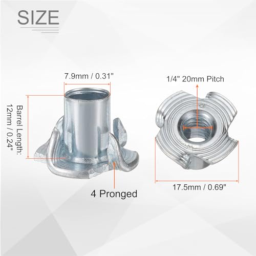 HARFINGTON 1/4x6mm T-Nuts 4 Pronged Tee Nut 0.69" x 0.24" Half Thread Carbon Steel Inserts for Wood, Rock Climbing Holds, Cabinetry, Furniture 50pcs - size: 1/4" x 0.24" x 0.69" x 0.24"