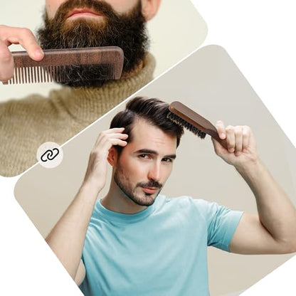 GAINWELL Mens Hair Brush Beard Comb Set, Slick Back Boar Bristle Hair Brush with Stiff Bristles for Thick Hair, Natural Black Walnut Gold Sandalwood Handle, Beard Mustache Brushes Comb Kit - size: Regular(2Pcs Set)