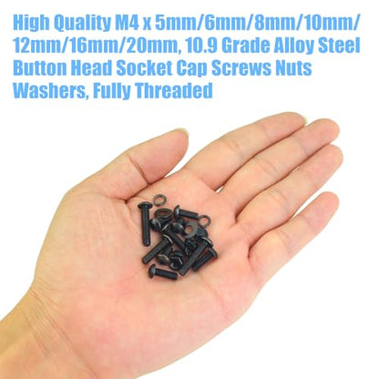 DYWISHKEY 386 Pieces M4 Black Screws, 10.9 Grade Alloy Steel M4x 5/6 /8/10 /12/16 /20mm Button Head Socket Cap Screws Bolts Nuts Washers Assortment Kit - size: M4, style: Button Head Socket Cap