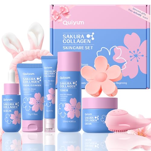 QUIYUM Sakura Collagen Skincare Set - 8-Piece Glass Skin Routine for Women | Cleanser, Toner, Serum, Eye Cream, Moisturizer | Hydration, Firm, Glow for All Skin Types, Skin Care Gift Sets - size: 8 Count (Pack of 1)