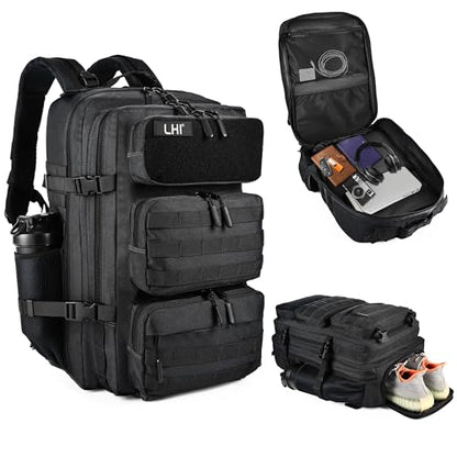 LHI Tactical Military Backpack for Men and Women 25L/35L Army Assault Pack Bag Small Rucksack with Bottle Holder - color: 50l-shoe Compartment(black), size: Large