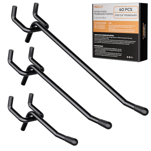 INCLY 60 Pack 2/4/6 Inch Black Pegboard Hooks, 1/4" Heavy Duty Peg Board Shelving Hooks Accessories, Peg Board Tool Hangers Fit for 1/4" Pegboard Hanging Tools Garage, Craft Organizing, Kitchen, Store - color: Black, size: 2/4/6inch-60pcs