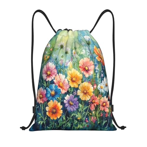 Drawstring Sports Backpacks - Lightweight Swim Gym Bags for Women Men String Sackpack for Beach Travel Yoga(Medium, Watercolor Wildflowers) - color: Watercolor Wildflowers, size: Medium
