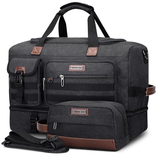 WITZMAN Duffle Bag for Men 50L Travel Canvas Weekender with Toiletry Bag | With Shoe Compartment and Dry-wet Pocket, Convertible, Carry On, One Duffel for Gym, Sports, Overnight, A8010/2 Black - color: Classic Black