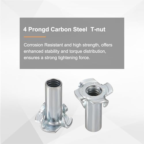 HARFINGTON 1/4x10mm T-Nuts 4 Pronged Tee Nut 0.68" x 0.89" Half Thread Carbon Steel Inserts for Wood, Rock Climbing Holds, Cabinetry, Furniture 50pcs - size: 1/4" x 0.39" x 0.68" x 0.89"