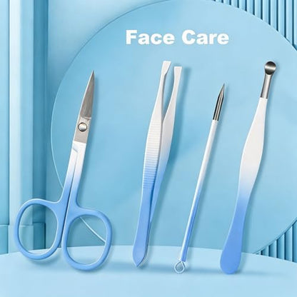 Manicure Set, 10 pcs High-Carbon Steel Nail Clippers Set, Portable Mini Manicure and Pedicure Kit, Travel Grooming Nail Kit with Leather Bag for Men and Women - color: Blue
