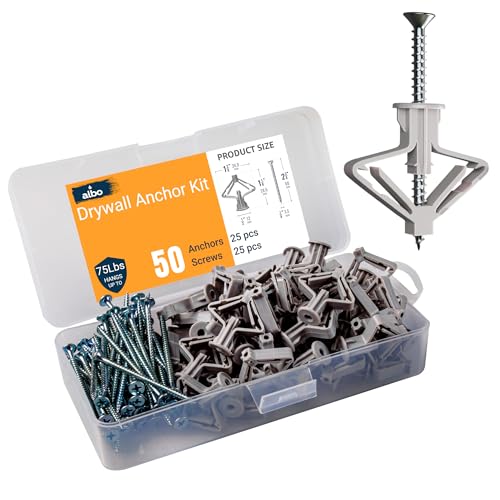 ALBO Drywall Anchor Kit Hollow Wall with Screws 50 pcs. (Grey Anchor 25pcs + Screws 25pcs) Plastic Hollow Wall Drilling Anchors - color: Grey 25pcs
