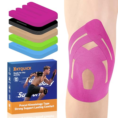 KTQUICK Precut Kinesiology Tape for Knees,24 PCS,20% Stronger Adhesive Pink | Upgraded Designed Knee Tape with Premium Cotton, Breathable, Waterproof, Latex-Free Athletic Tape for Running, Gym & Hiking - color: Pink, size: 24PCS