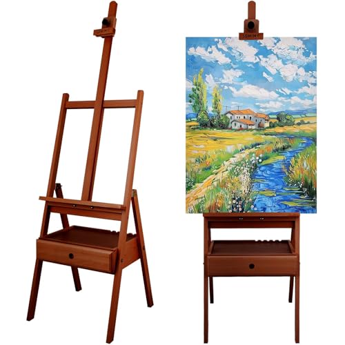 Large Beechwood H-Frame Studio Easel Stand with Storage Drawer, Walnut | Height Adjustable to 35Inches High, Suitable for Painting, Sketching and Displaying - style: Basic Walnut