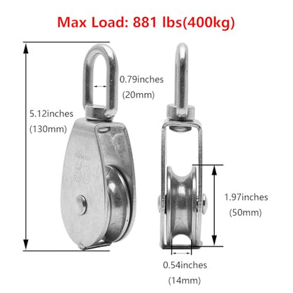 1PC 304 Stainless Steel M50 Single Pulley Block, Wire Rope Hanging Wire Towing Wheel, with 1PC Spring Snap Hook - size: M50-1pc