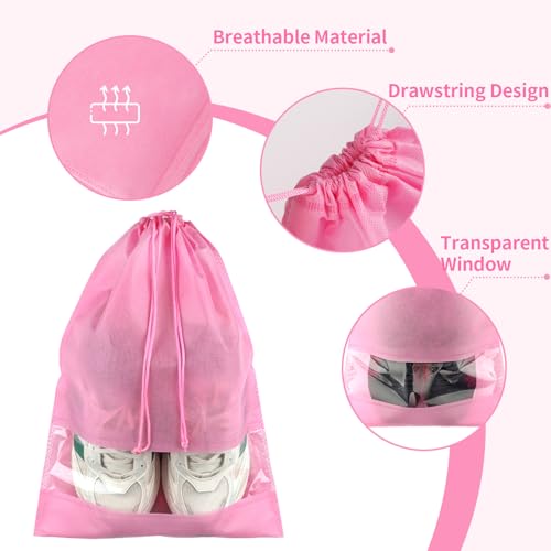 Pink Travel Shoe Bags - 5 Pcs Non-Woven Drawstring Packing Bags with Clear Window (15.7" x 11.8") - color: Pink, style: 5 Pack