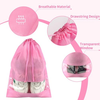 Large Pink Travel Shoe Bags - 10 Pcs, Non-Woven Drawstring with Clear Window (12.6" X 17.3") - color: Pink, style: 10 Pack