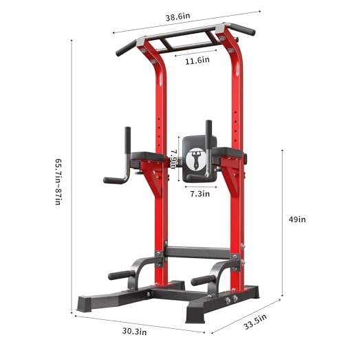Power Tower Pull Up Bar Dip Station, Free Standing Pull Up Rack Dip Station for Home Gym, 10-Level Adjustable Height Pull Up Bar Stand Dip Bar Strength Training Workout Equipment - color: Red