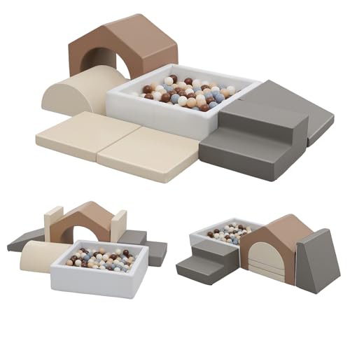 JungleDove 7Pcs Climbing Toys for Toddlers: with a Square Ball Pit for Toddlers - PU Leather Foam Climbing Blocks - Indoor Soft Play Set with Slide and Stair（NO Balls） - color: Beige, White