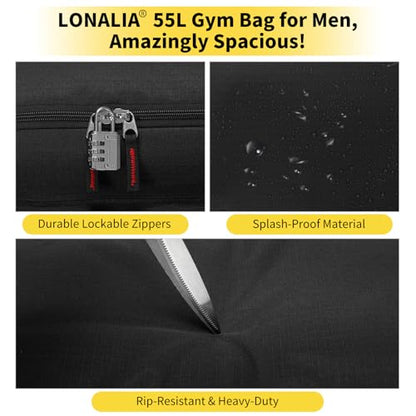 55L Sports Gym Duffle Bag for Men, Black | 22 inch, Multi Pockets, Large Capacity, Workout, Travel, Weekender, Fitness - color: Black