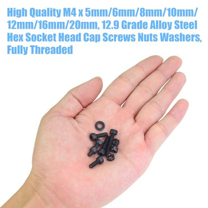 DYWISHKEY 386 Pieces M4 Black Screws, 12.9 Grade Alloy Steel M4x 5/6 /8/10 /12/16 /20mm Hex Socket Head Cap Screws Bolts Nuts Washers Assortment Kit - size: M4, style: Socket Head