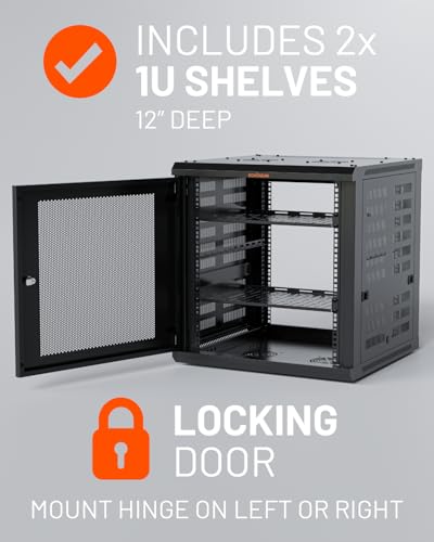 ECHOGEAR 12U Network Rack w/Enclosed Design, Easy Install, 600mm Depth | Enclosed server rack includes pre-mounted fan, 2x 1U shelves, lockable door, wall mountable design, all hardware for install - size: 12U