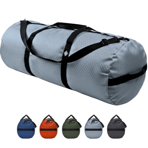 175L Extreme Heavy Duty Duffle Bag, Weatherproof Ripstop Travel Gear Bag | Folds flat for storage. #10 double-slider zipper with splash cover. Wraparound handles rated for heavy loads. - color: Steel Grey, size: 18” x 42" (175 Liters)