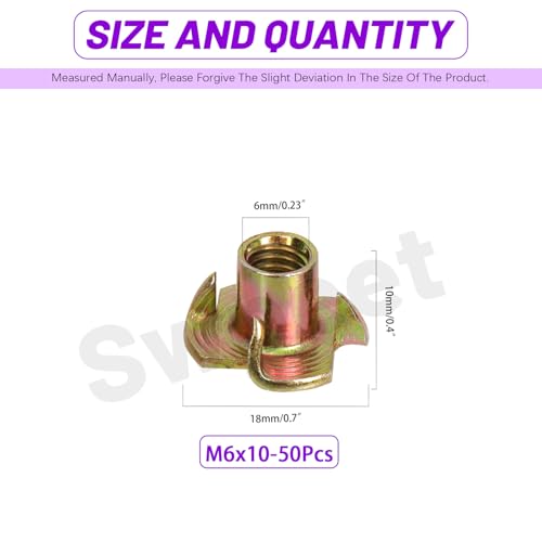 Swpeet 50Pcs M6×10 Color Zinc Plated T-Nuts, 4-Pronged Tee Nut, Threaded Inserts, Bolt Dropper T-Nut Wood Insert for Furniture, Cabinet, Wood, Rock Climbing Holds - color: Color Zinc
