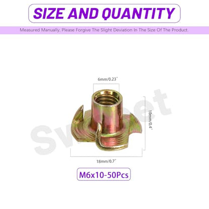 Swpeet 50Pcs M6×10 Color Zinc Plated T-Nuts, 4-Pronged Tee Nut, Threaded Inserts, Bolt Dropper T-Nut Wood Insert for Furniture, Cabinet, Wood, Rock Climbing Holds - color: Color Zinc