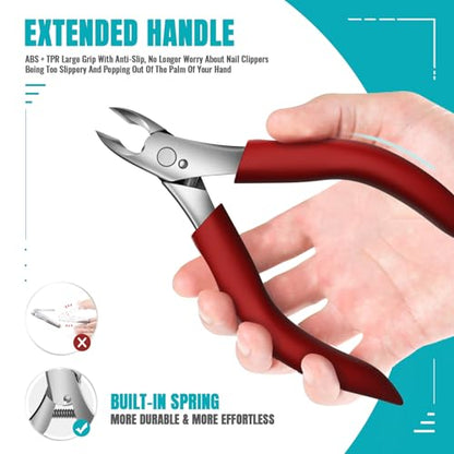 Toenail Clippers for Thick Nails for Seniors - Heavy Duty Toe Nail Clippers Kit with Long Handle for Men & Elderly with Inflexible Joints, Professional Nail Clippers Kit for Thickened Toenails (Red) - style: Creating Exquisite Nails - Red