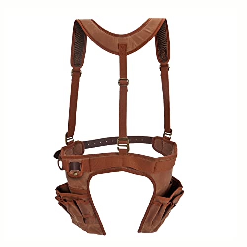Tool Belt Bag with Suspenders-Carpenter Electrician Padded 5+ Pockets-Small | Heavy Duty Work Belt ,with Hammer Holder, Fit 28-42 inch Waist,Oil-Waxed Canvas, Leather Reinforcement, Multi-purpose Pockets