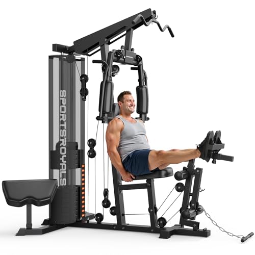 Sportsroyals Home Gym, Multifunctional Workout Station with Leg Press, 150LBS Weight Stack Full Body Workout Equipment for Home Exercise Fitness Strength Training - color: Black