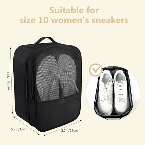 Black Shoe Bag for Travel, 2 Layers Waterproof Shoes Organizer | Holds 3 Pairs,Trolley Strap,Easy Clean Lining,Leak Proof,Dual Zippers - color: ClassicBlack