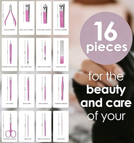 16pcs Stainless Steel Nail Care Tools Grooming Kit | Nail Clipper Set,Manicure and Pedicure kit,Luxurious Travel Case nail clippers Thick Nails Men Women Gift