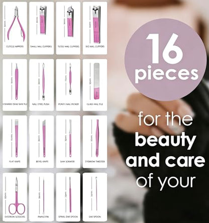 16pcs Stainless Steel Nail Care Tools Grooming Kit | Nail Clipper Set,Manicure and Pedicure kit,Luxurious Travel Case nail clippers Thick Nails Men Women Gift