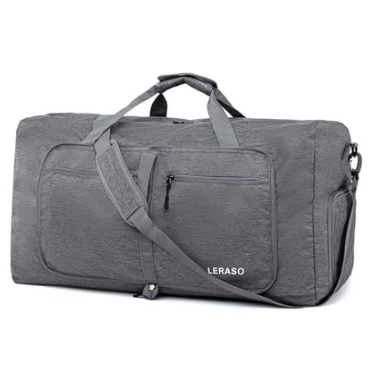 65L Foldable Duffle Bag with Shoe Compartment - Large Travel Duffel Bag for Men & Women, Packable Weekend Bag with Trolley Sleeve, Water-Resistant & Lightweight Gym Bag for Travel, Sports（Grey） - color: Grey