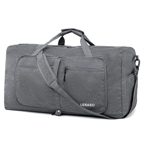 65L Foldable Duffle Bag with Shoe Compartment - Large Travel Duffel Bag for Men & Women, Packable Weekend Bag with Trolley Sleeve, Water-Resistant & Lightweight Gym Bag for Travel, Sports（Grey） - color: Grey