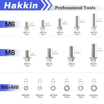 244PCS M6-1.0 M8-1.25 Flange Hex Head Bolts and Nuts Kit, M6 M8 Metric Flange Hexagon Screws Serrated Nuts Washers, 304 Stainless Steel M6 Bolt M8 x 1.25 Bolt Screw Set Hakkin - size: 244PCS M6 M8 Flanged Bolts Silver