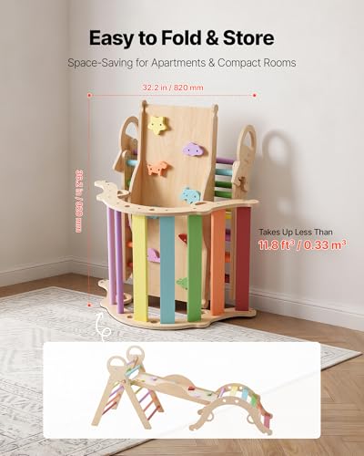 VEVOR Pikler Triangle Set, 9-in-1 Toddler Climbing Toys Indoor, with Xylophone, Cushion, Triangle, Arch, and Ramp, 150 lbs Load, Foldable Montessori Climbing Set for Toddlers and Kids, Rainbow
