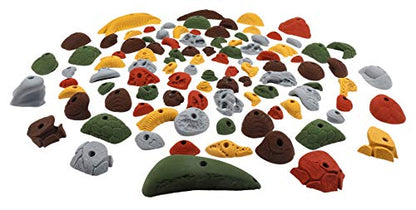 Atomik Rock Climbing Holds Set of 100 Bolt-On Rock-Like Crimpers, Pockets, Jugs and Footholds in Assorted Earth Tones