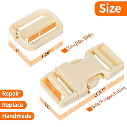 BEYOURD 1 inch Buckles and Strap Set: 10 yards Polyester Webbing Strapping, 6 pack Dual Adjustable Side Release Plastic Buckles, 12 PCS Tri-Glide Slider Clips for DIY Projects, Cream - color: Cream