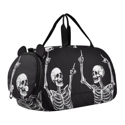 Kids Sports Duffel Bag for Boys & Girls - Funny Skull Skeletons 100% Polyester Gym Bag with Separate Shoe Compartment, Adjustable Shoulder Strap, Compact Travel & Workout Gear Bag - color: Funny Skull Skeletons