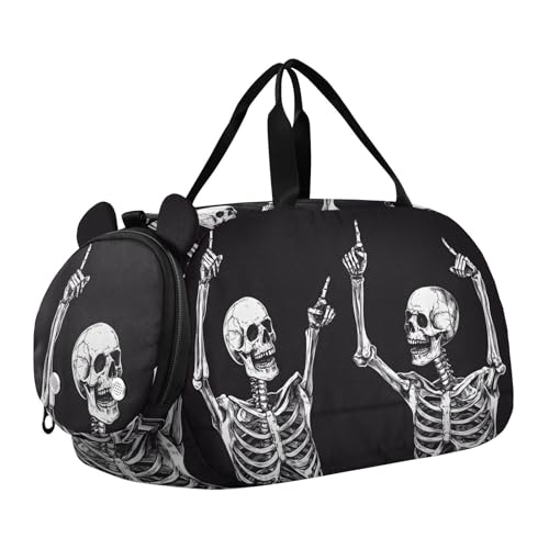 Kids Sports Duffel Bag for Boys & Girls - Funny Skull Skeletons 100% Polyester Gym Bag with Separate Shoe Compartment, Adjustable Shoulder Strap, Compact Travel & Workout Gear Bag - color: Funny Skull Skeletons