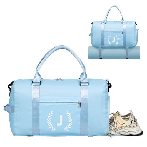 Gym Bag for Women, Personalized Duffle Bag with Shoe Compartment, Sports Bag for Yoga & Dance with Wet Pocket and Mat Strap. - color: Light Blue, size: J
