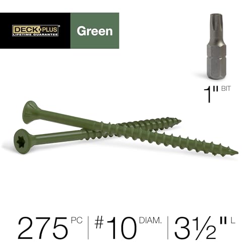 Deck Plus Deck Screws, #10 x 3-1/2in, 275 Pack, 5lb Box, Green | Epoxy-coated steel, star drive with T25 bit, self-drilling coarse thread for decking, fencing, and treated lumber use - color: Green, size: #10 x 3-1/2", style: 275 pcs
