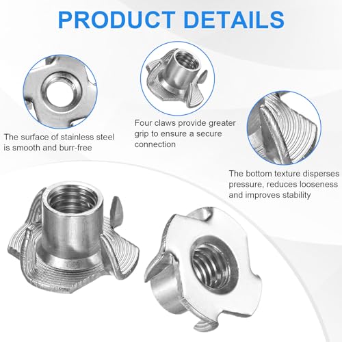 M METERXITY 20-Pack 3/8-UNC T-nut, 8/16" Barrel Length Stainless Steel 4-Pronged Tee Nut Threaded Insert for Wood/Rock Climbing Holds/Furniture, Corrosion Resistant Fasteners - size: 3/8-UNC