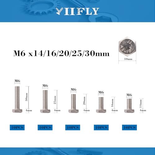 M6-1.0 Hex Head Screw Bolts - 14/16/20/25/30mm Length Kit, 304 Stainless Steel(A2-70), Bright Finish, Fully Threaded, Hexagon Head Bolts,Quantity 50-Piece Set - size: 304-Hex-M6-14-30mm（50pcs）